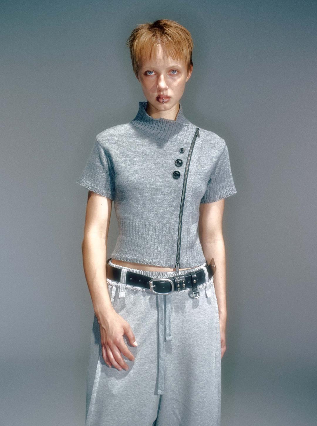 HITA SHORT-SLEEVE KNIT ZIP-UP MELANGE