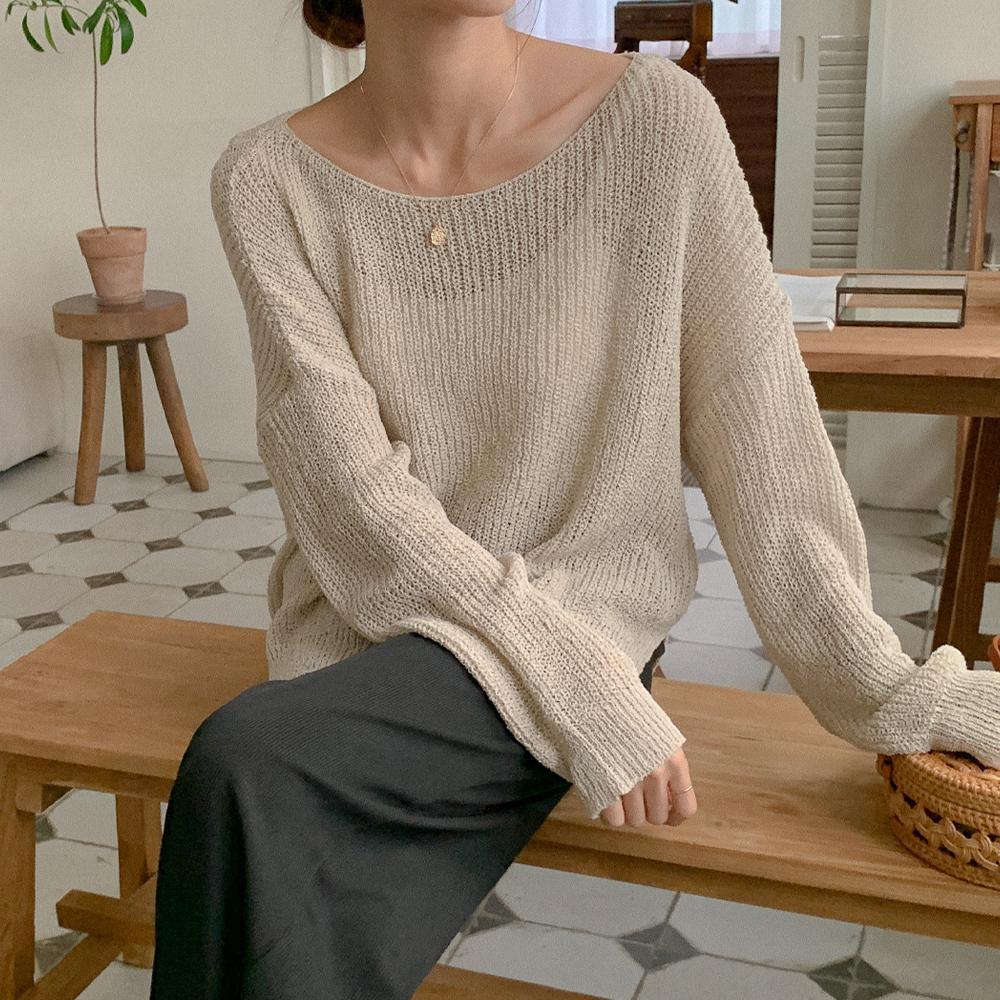 헨느 루즈핏 보트넥 긴팔 니트 여름 여리핏 그물 시스루 꾸안꾸 살안타템 (3color)