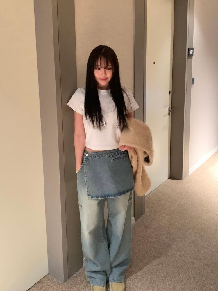 파브 여성 레이어드 랩 스커트 와이드 워싱 데님 팬츠 투웨이 탈부착 유니크 청바지 흑청 중청 2color