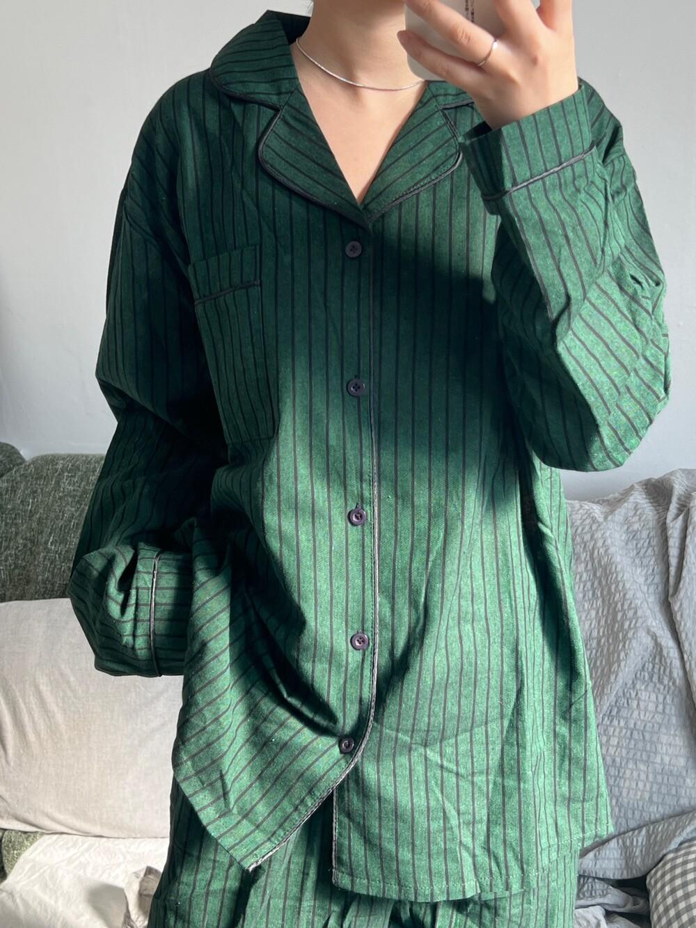 안온 [코튼 리넨] 그린블 파자마