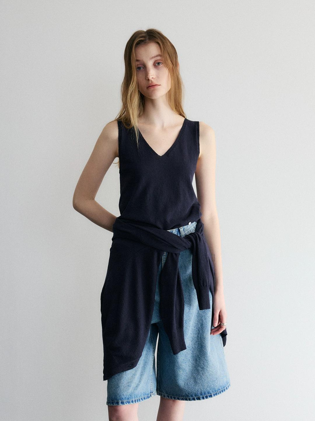 Ethereal V-Neck Sleeveless Cotton Knit, Navy