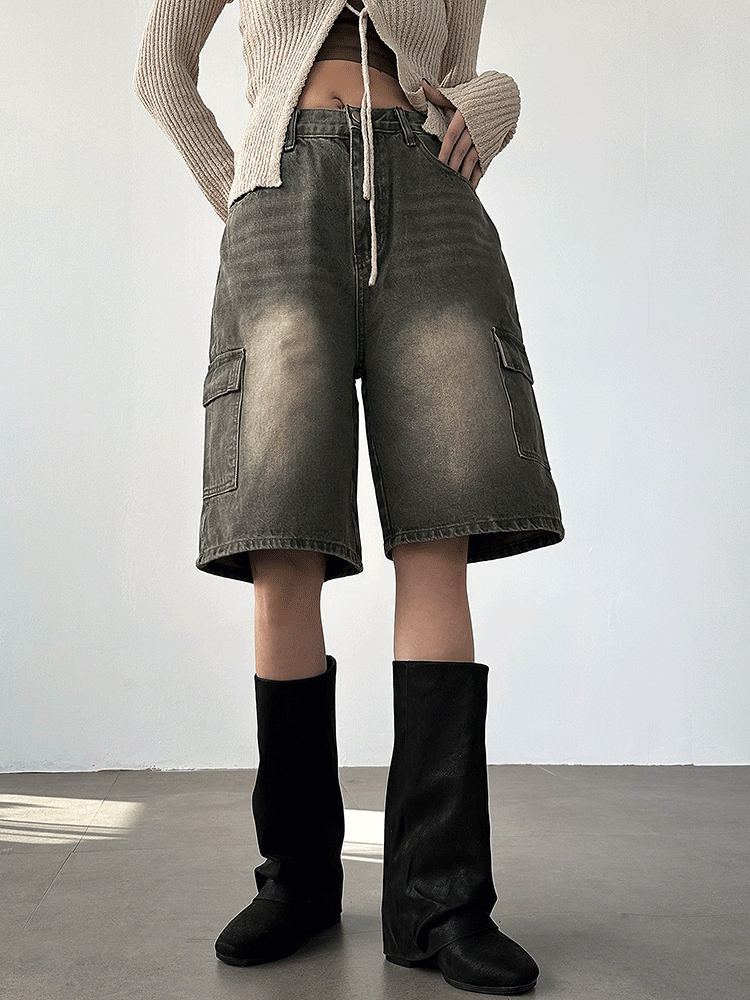 이너니티 [오버핏🖤4color] 하이웨스트 버뮤다 빈티지 워싱 5부 와이드핏 카고 청반바지