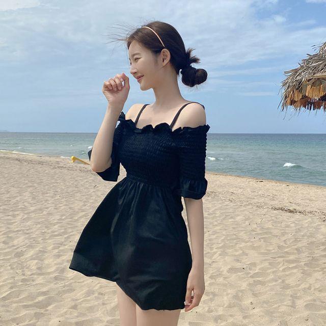 스모크 반팔 원피스 수영복 (2P)