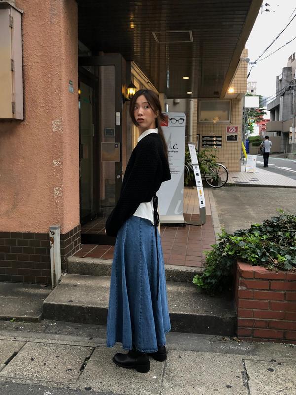 오네 (당일발송♥) cutting flared denim skirt