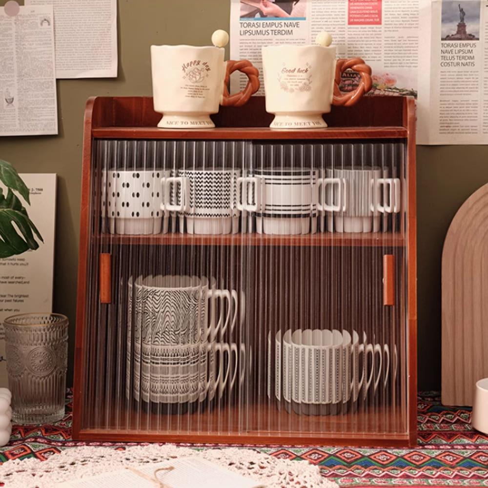 빈티지 3단 슬라이딩 미닫이 미니수납장 양문 틈새 유리진열장