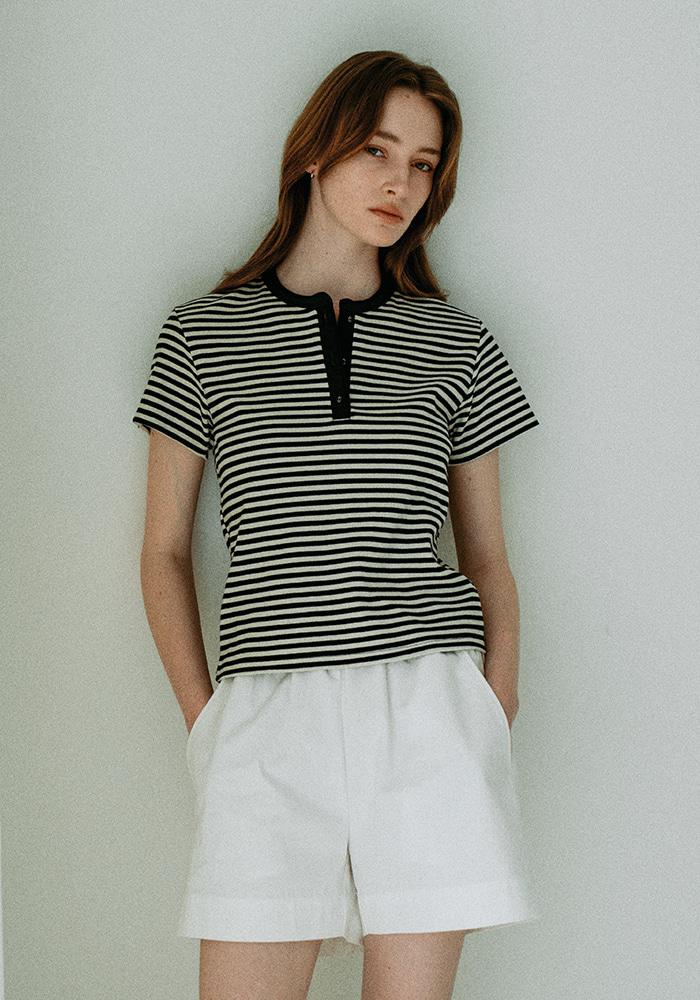 2차 리오더_Stripe Button Henley Half T-shirt_Navy