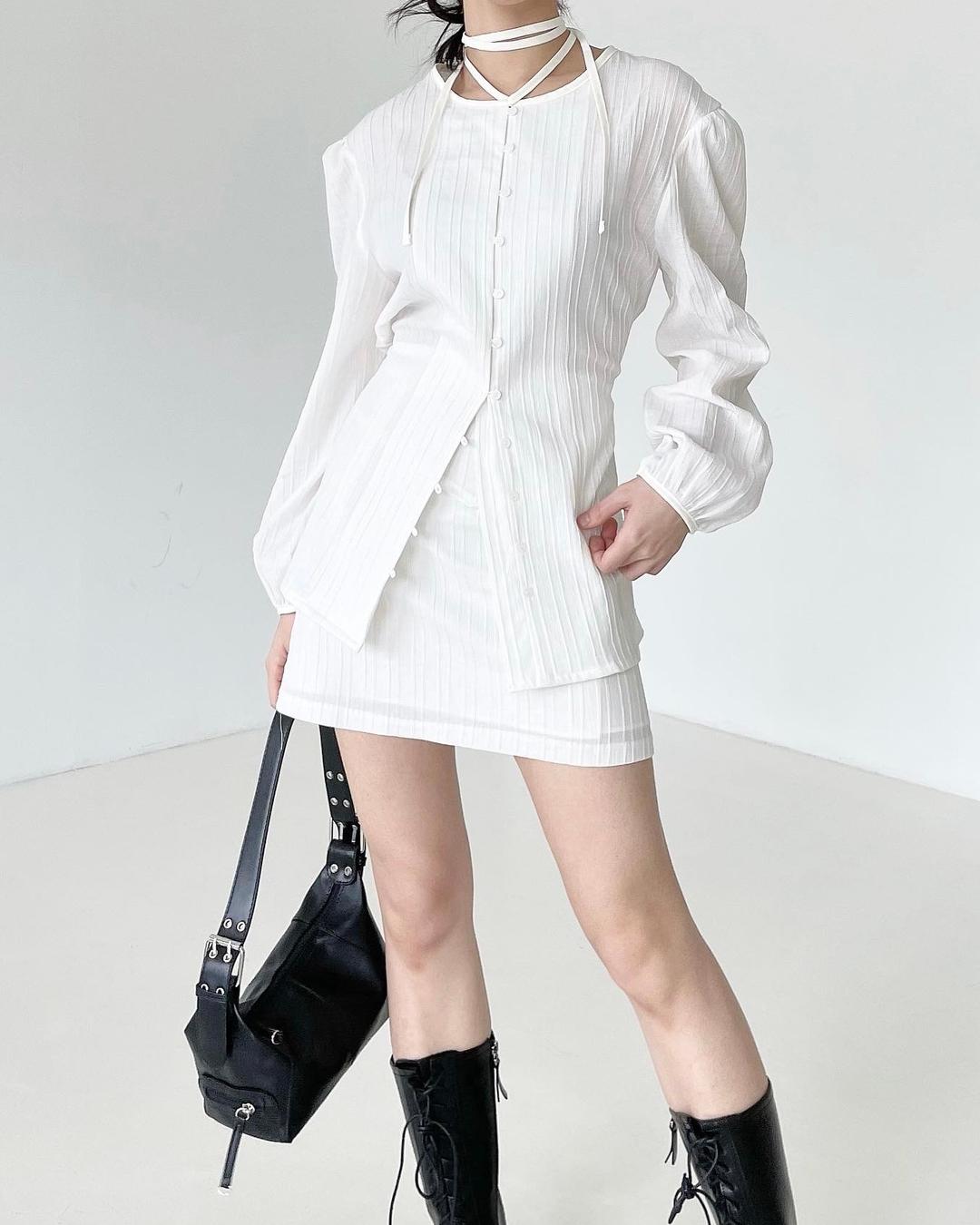 (set) 텍스쳐 스트링 퍼프 블라우스 [2co]