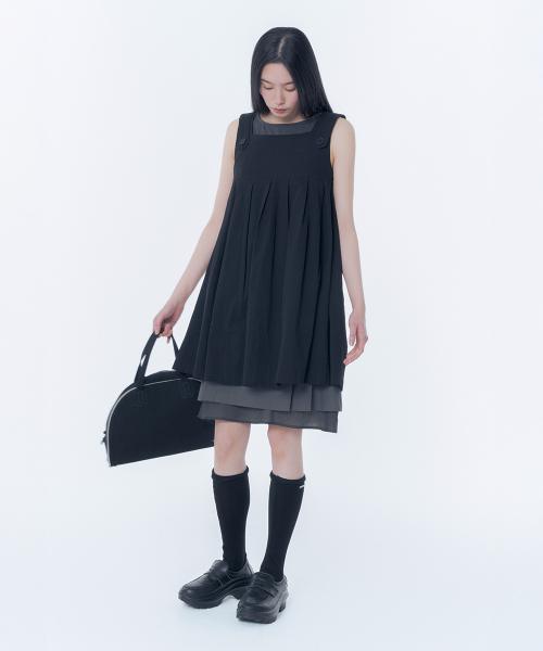 Pleats button doll dress BLACK