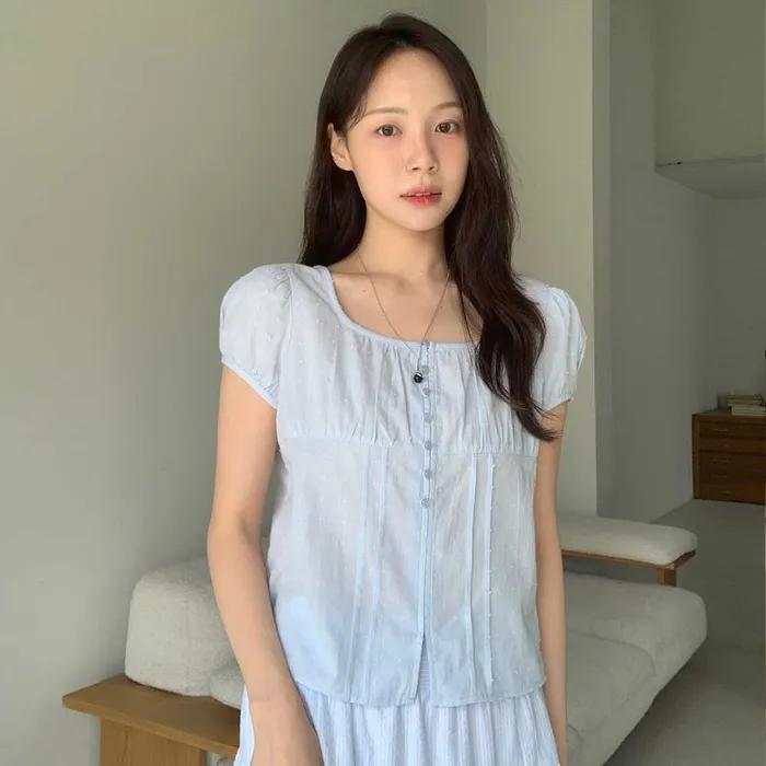 POLKA DOT PUFF SLEEVE BLOUSE (LIGHT BLUE)