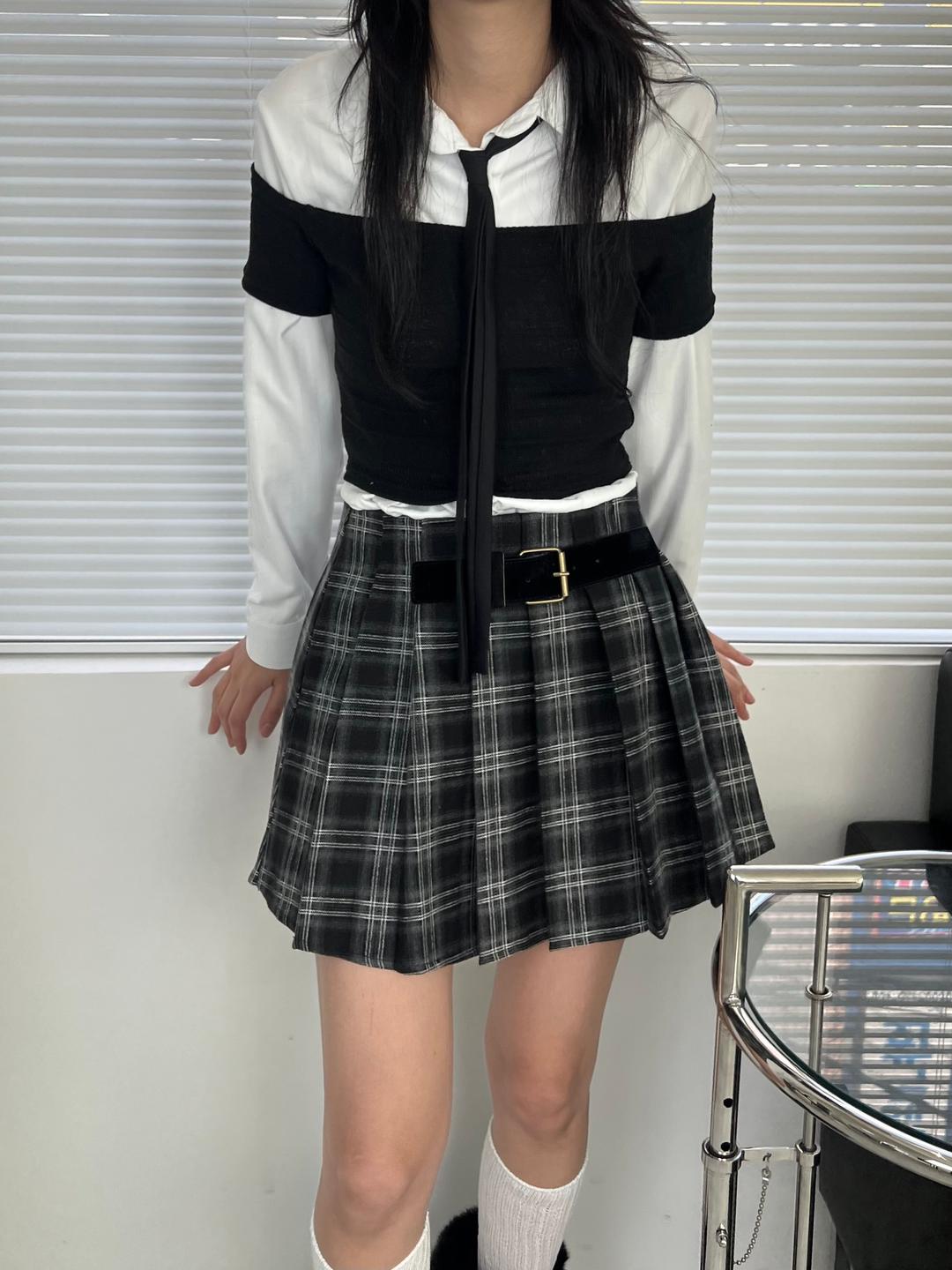 CHECK BELT PLEATS SK 체크 벨트 플리츠스커트