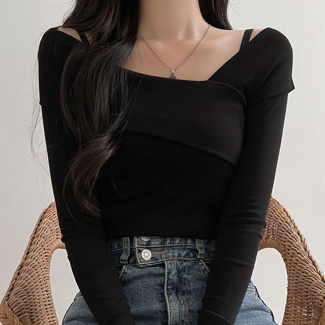 사선 오프숄더 긴팔 티셔츠 _리코마켓