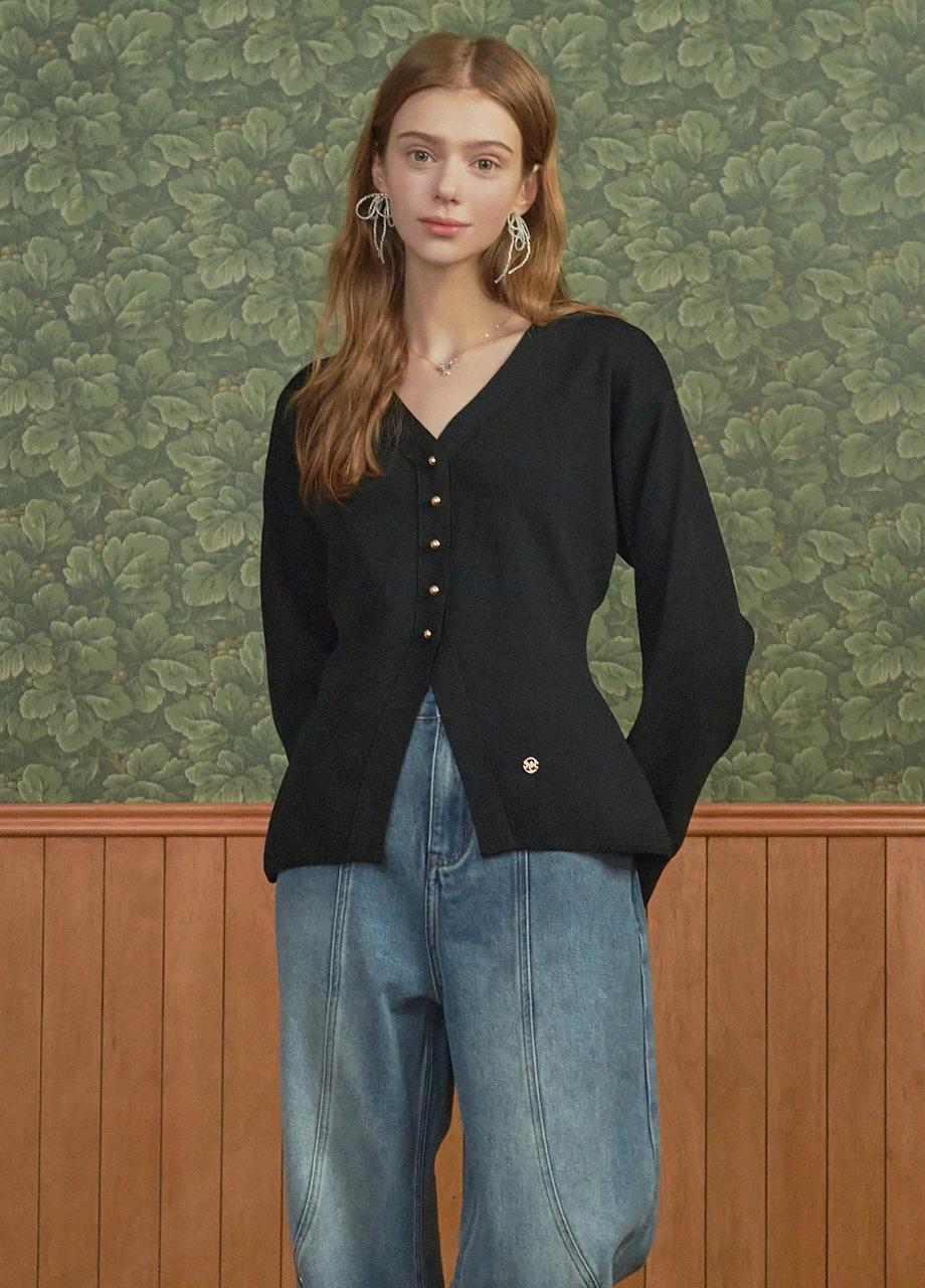 [44-120]  Redolence V-neck Line Cardigan Black 