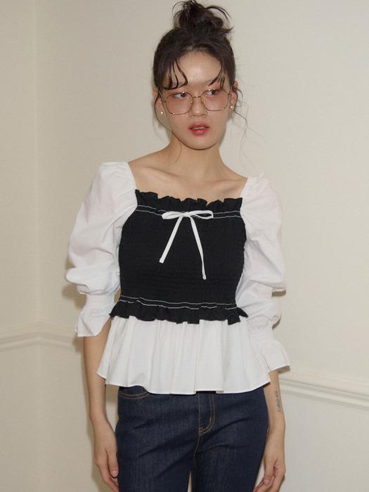Color Block Smocking Blouse