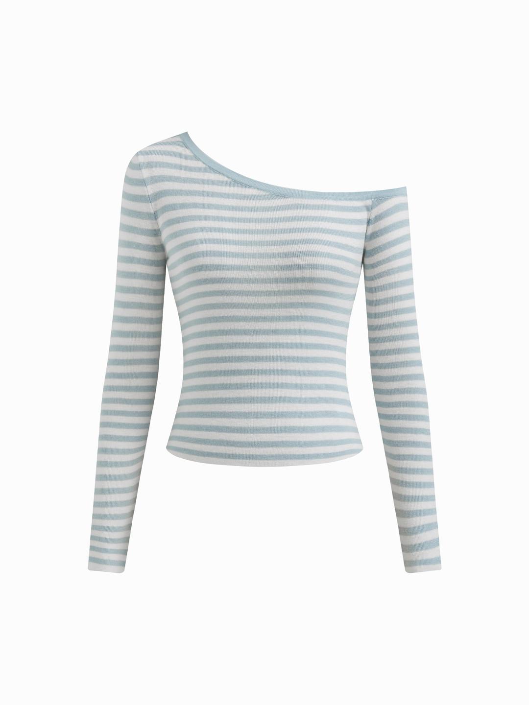 Knit Wool-blend Asymmetrical Neck Stripe Long Sleeve Top