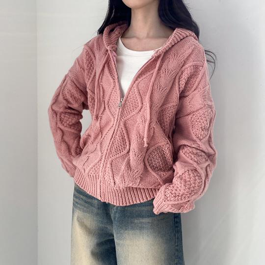 키키러브 [루즈핏/귀여움보장] 러블리무드, *'twisted loose knit'* 도톰 꽈배기 니트 후드 집업 가디건 3color]쿠키후드집업