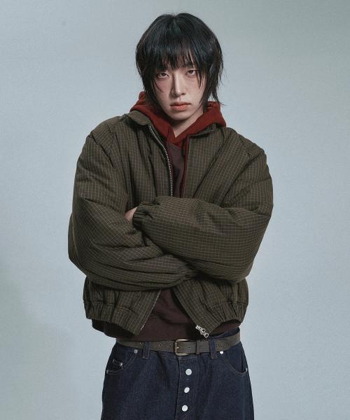 체크 라이트 패디드 점퍼 - 카키