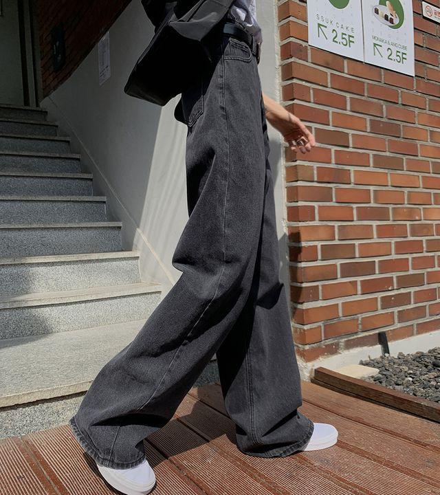 루즈핏 레트로차콜릭 흑청 하이웨스트 와이드 데님팬츠_유니크온