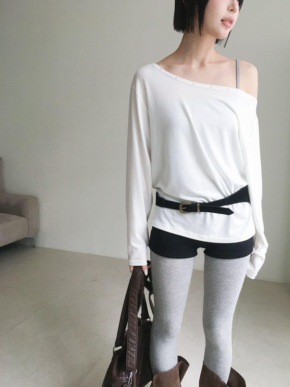 샵오르 스터드 오프숄더 티셔츠 (3colors)