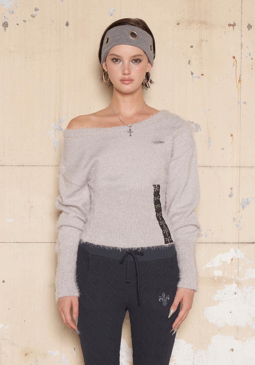 Fluffy Corset One Shoulder Knit [Gray] *Pre-order ~9/24