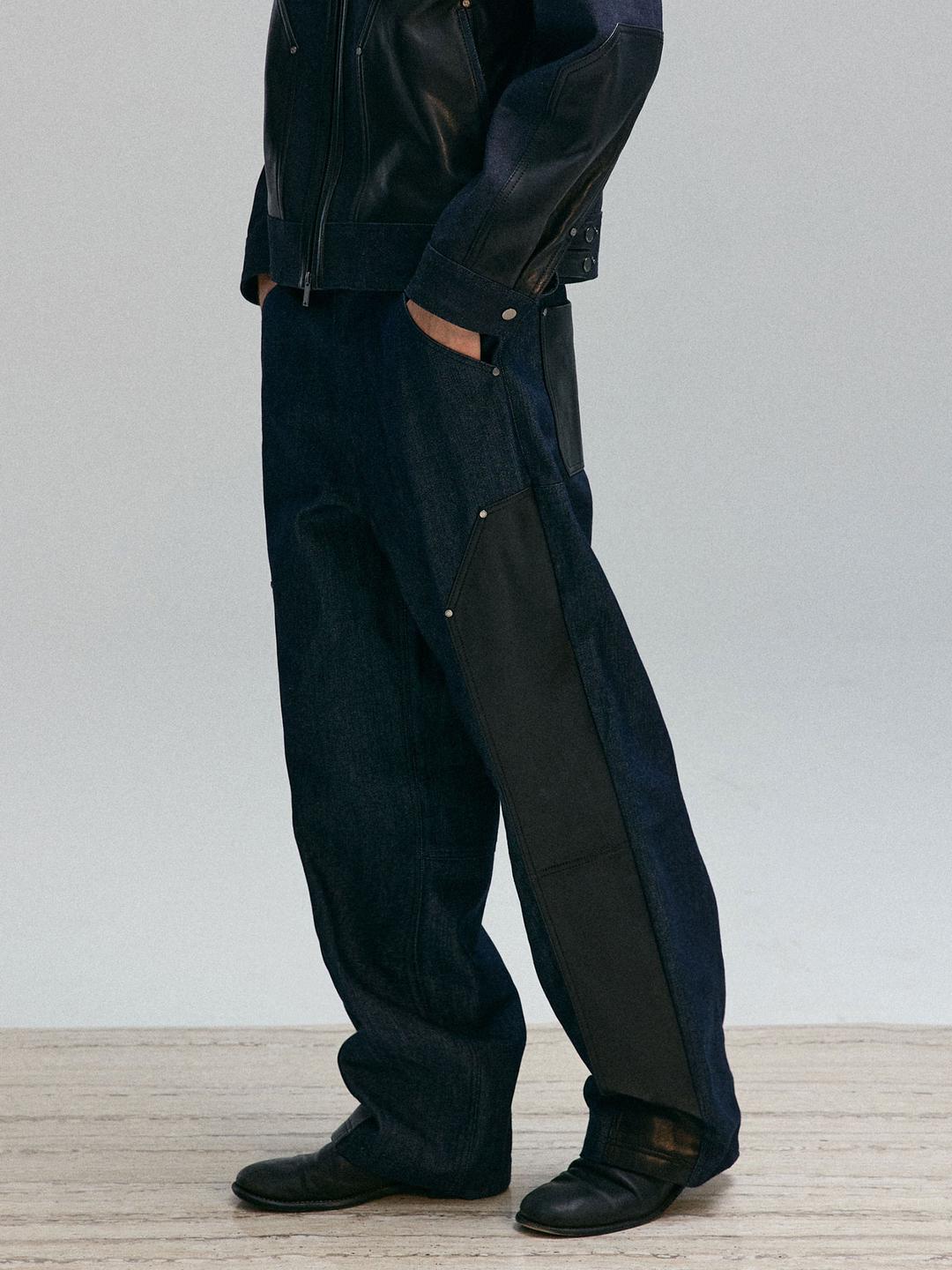 LEATHER MIX DENIM PANTS