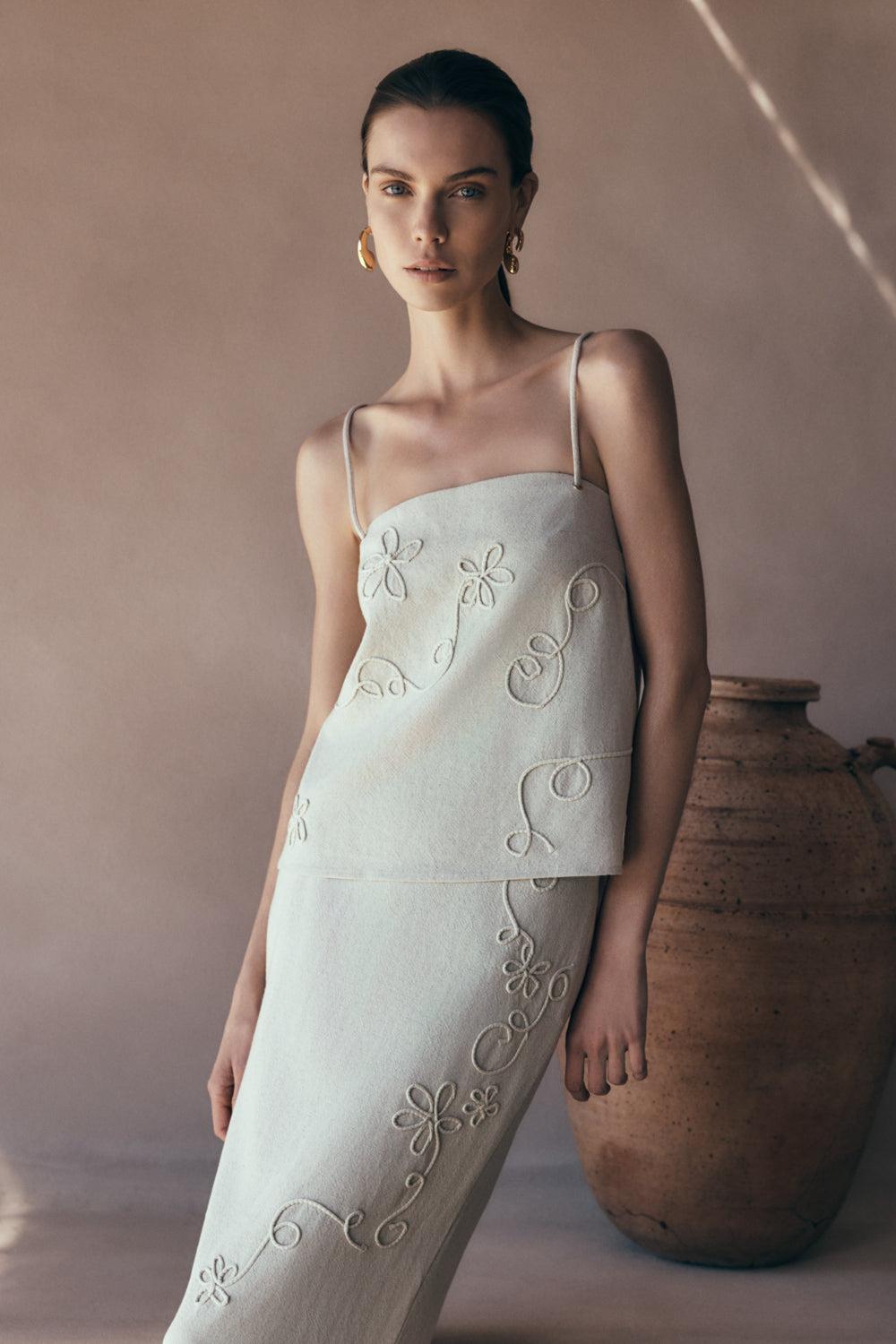 Casey Linen Corded Embroidered Linen Top - Natural - XXS