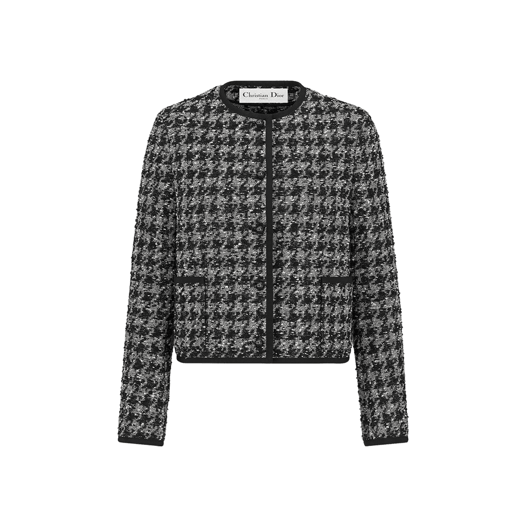 (W) Dior Cropped Jacket Black White Houndstooth Technical Tweed