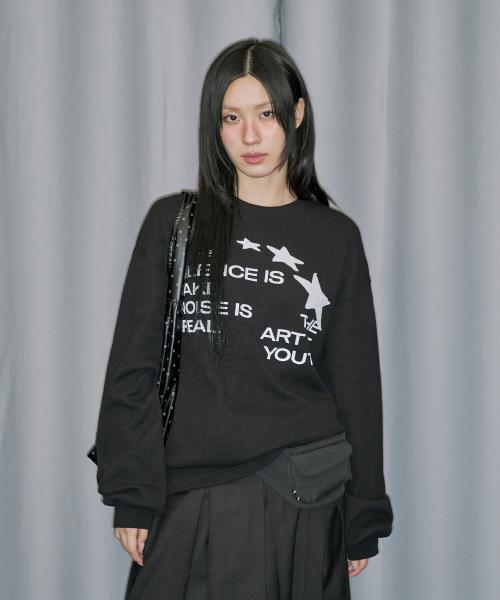 스타 아플리케 와플 롱 슬리브 - BLACK