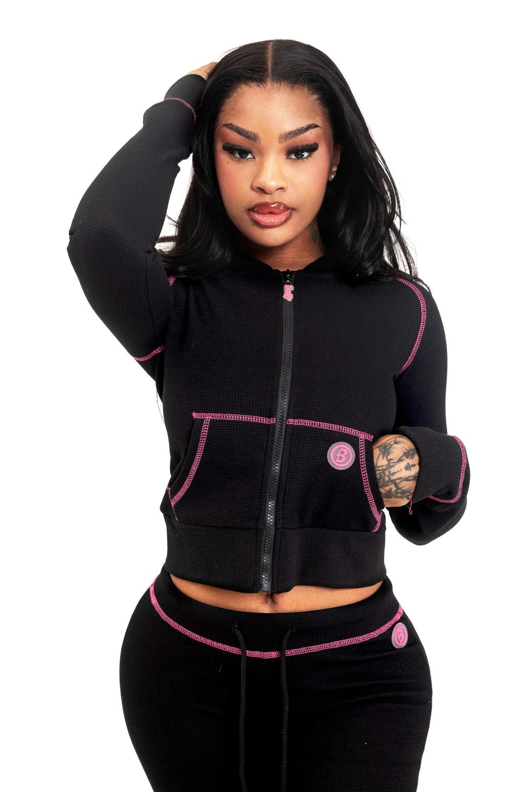 WAFFLE KNIT HOODIE (BLACK/PINK) - XS