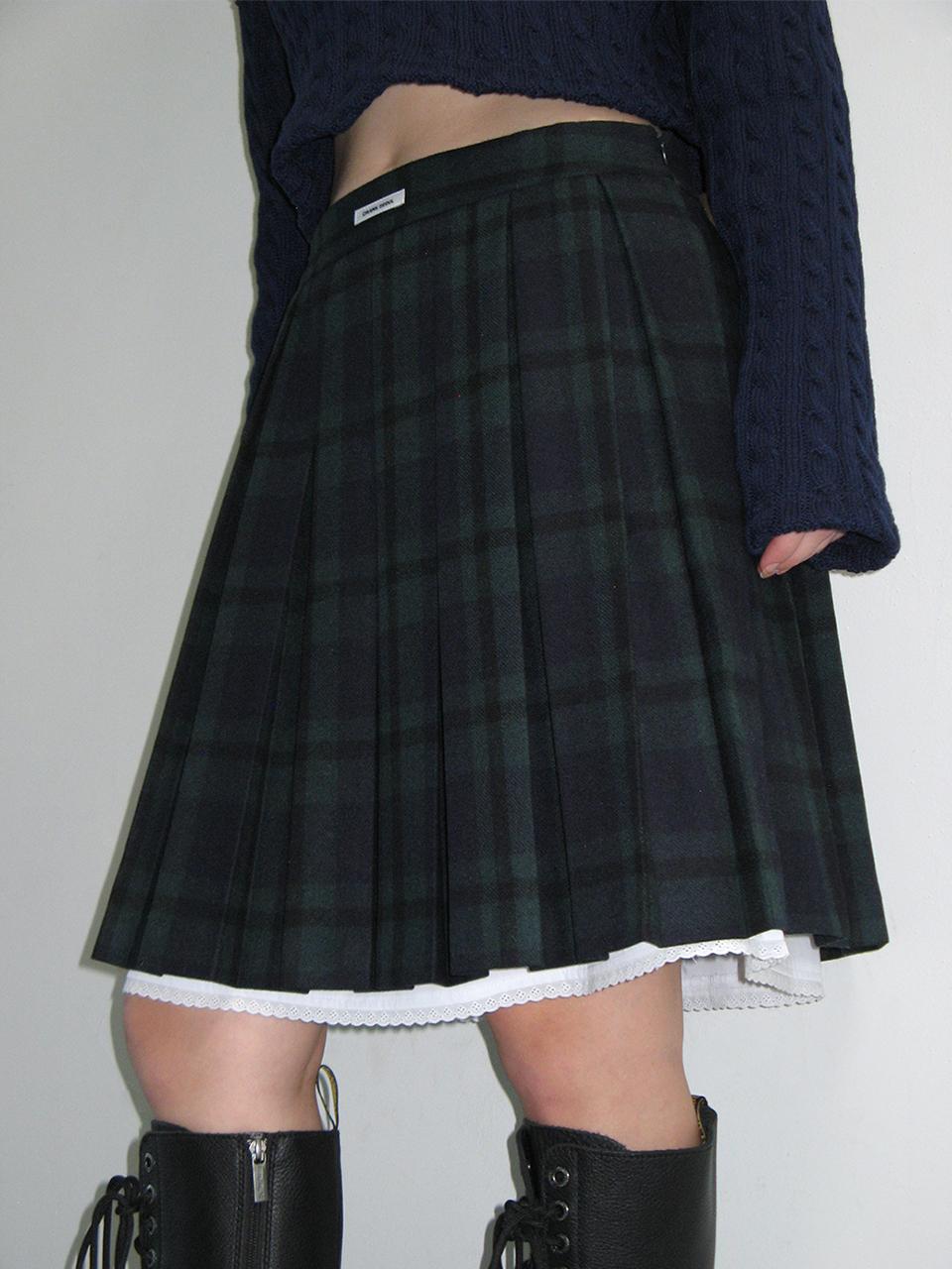 CHECK LAYERED WOOL PLEATS SKIRT_NAVY