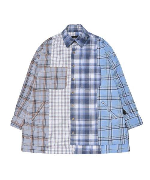 Check Mixed Oversized Shirt [Sky Blue]