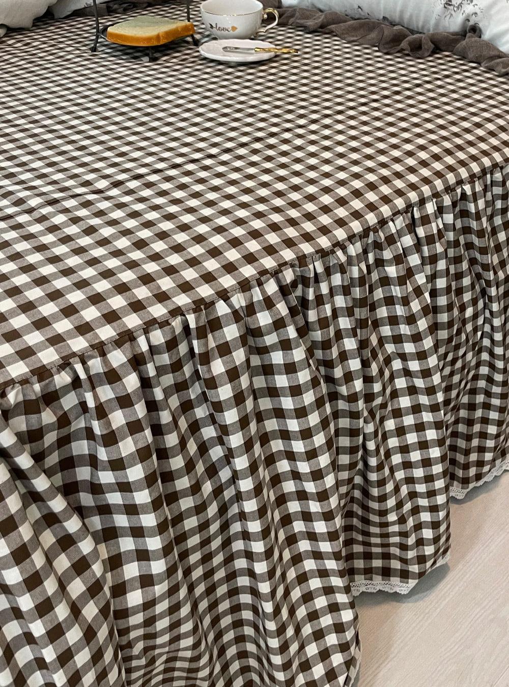 체크 브라운 베드 스커트