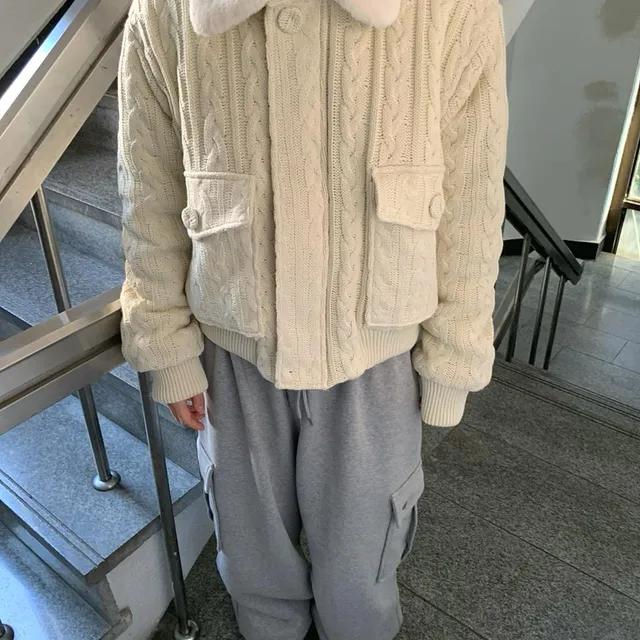 울 카라 꽈배기 니트 오버핏 패딩 (2col)