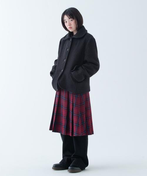 PLEATS BUTTON SKIRT, RED CHECK