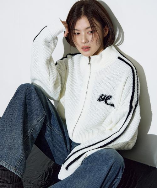 심볼 로고 헤어리 풀오버 니트 집업 [아이보리-블랙]