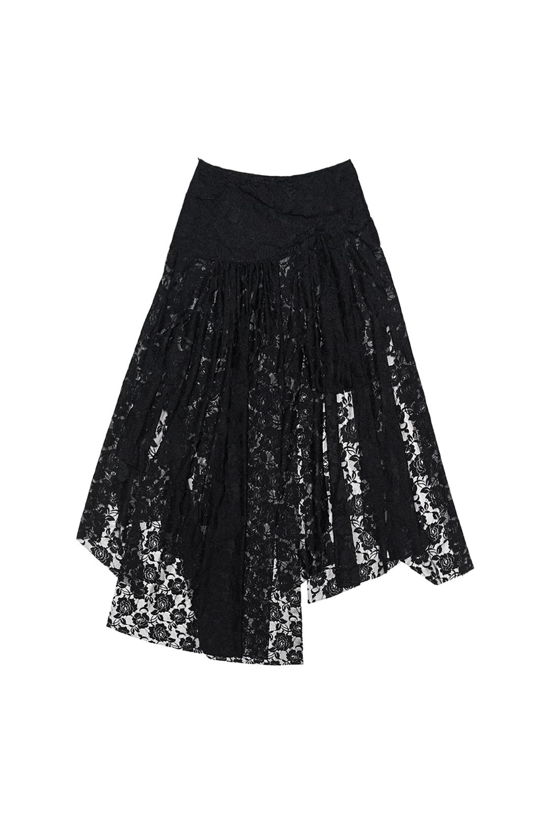 LACE ASYMMETRIC SHIRRING SKIRT #BLACK - 달링유어배드