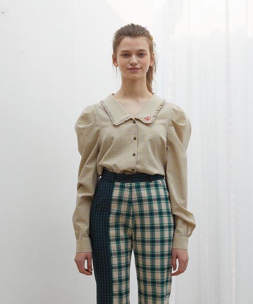 퍼프 슬리브 체크 셔츠 퍼플