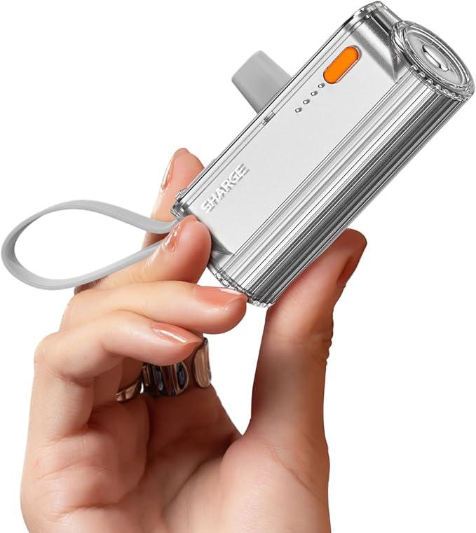 SHARGE Flow Mini & 2024 Lightweight Version, Meaney Mobile Battery, Large Capacity, 5,000 mAh, Lightweight, Compact, Built-in Cable, Direct Charging, PSE Certified, Type-C/Lightning Terminals, Charge