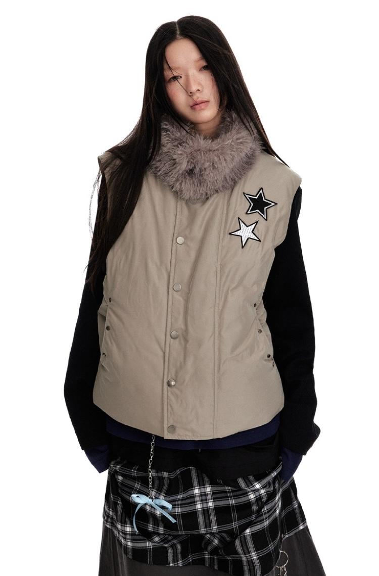JIKOO Star Textured Fur Collar Single Vest Jacket