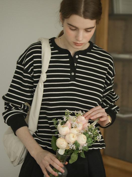Henry neck stripe ribbed t-shirt_Black