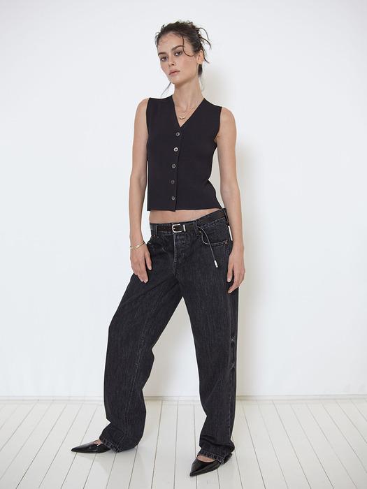 VISCOSE V-NECK KNIT VEST (BLACK)