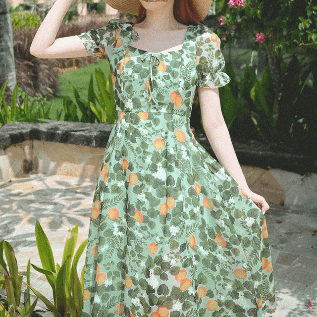 레몬그라스 패턴 쉬폰 트임 롱 원피스 op0344