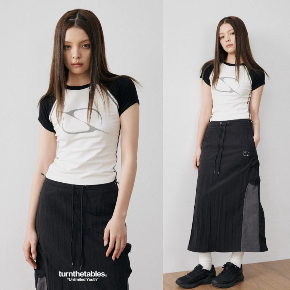 KGOODS 반팔 크롭 티셔츠 라글란 슬리브 배꼽티 키치한 Y2K 슬림 배색 반팔