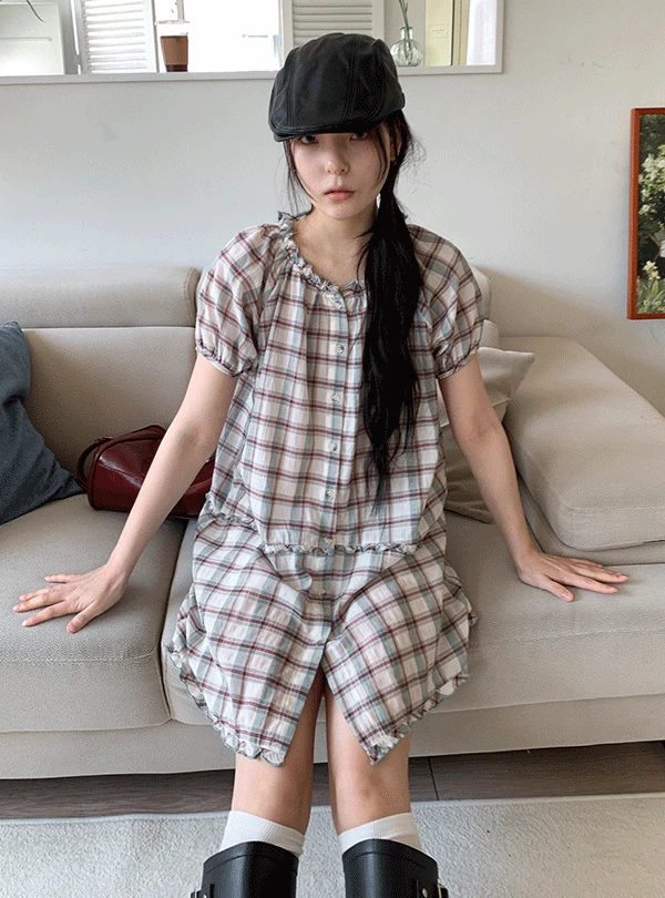 SAGE CHECK FRILL DRESS (2C)