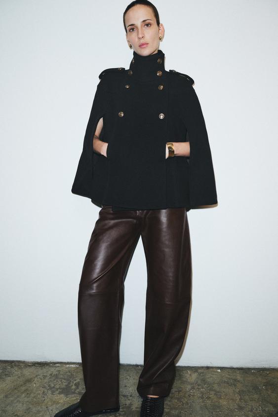 ZW 컬렉션 울 혼방 메탈 버튼 케이프