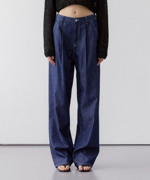 핀턱 와이드 데님 팬츠 딥 블루