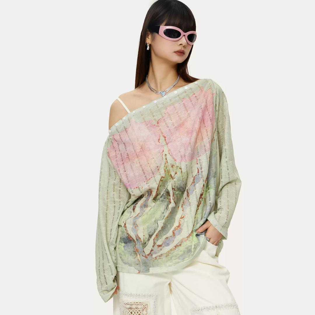 YOSHUYUKI 요슈유키 니트 그린 플로럴 캐주얼 오프숄더 니트 블라우스