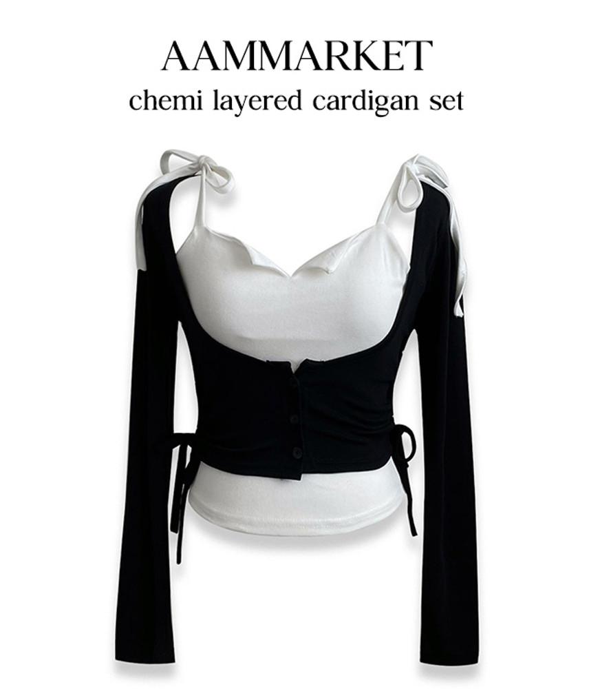 [코디세트] y2k 케미 셔링 레이어드 여자 나시가디건 세트