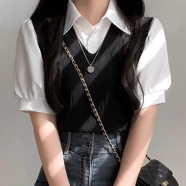 [셔츠+니트 일체형!] 누누 브이넥 꽈배기 반팔 레이어드 니트 3color