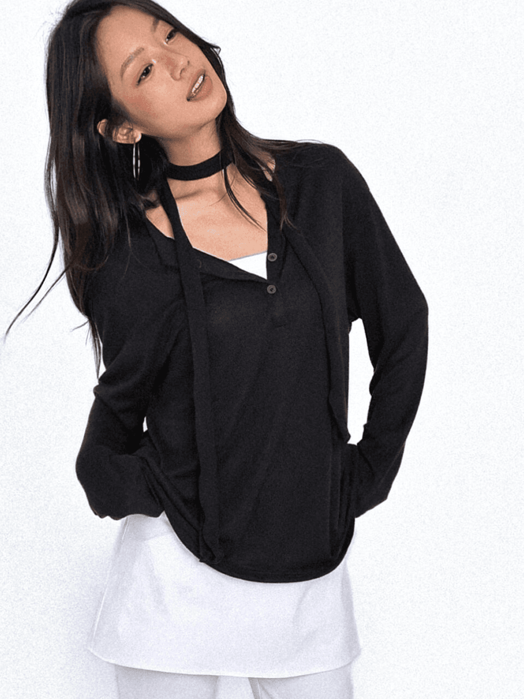 (최저가)Serene Wave Knit Henley Long Sleeve_Black(스카프 포함)