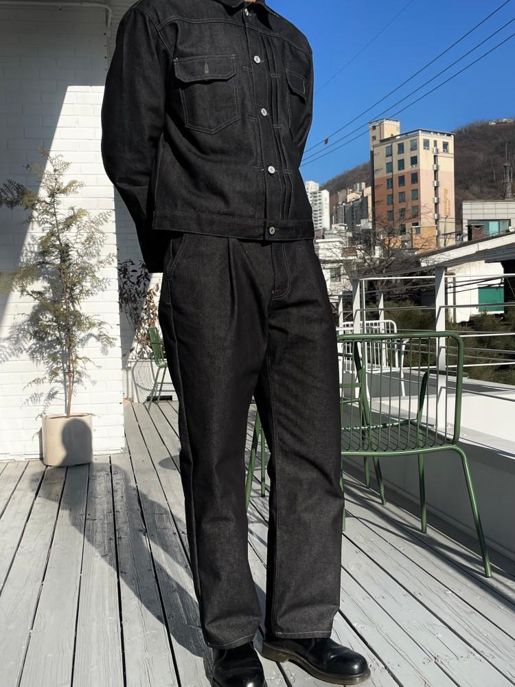 남자 생지 데님 오버핏 흑청 자켓 청자켓 핀턱 팬츠 셋업